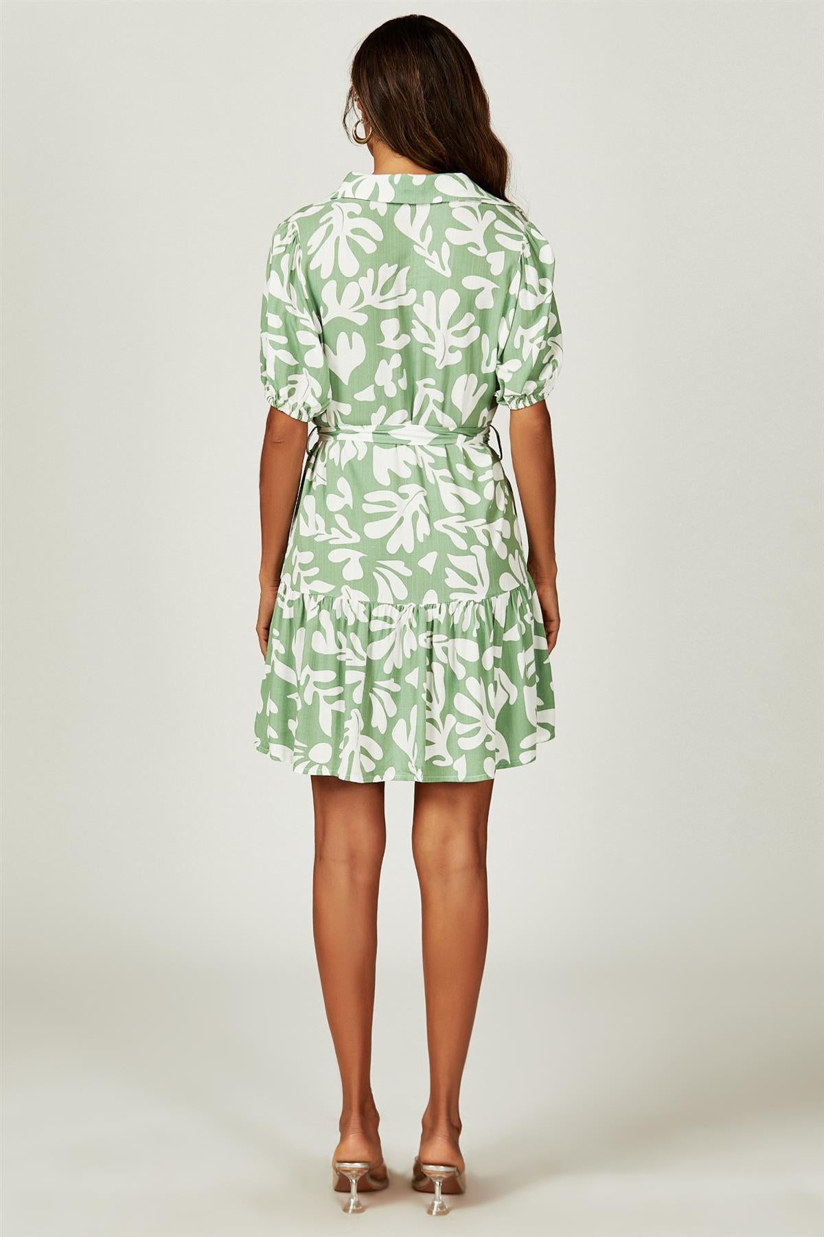Floral Print Hem Tiered Shirt Mini Dress In Green FS655-GreenF