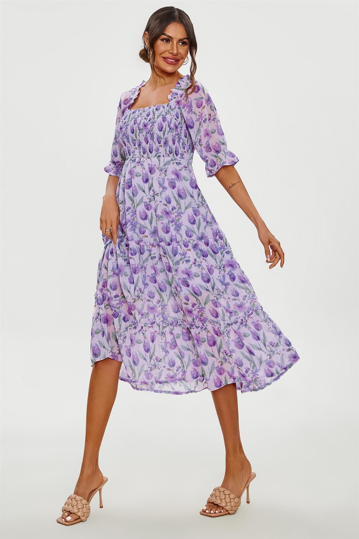 Floral Print Bardot Puff Sleeve Elasticated Detail Midi Dress In Purple FS362-PurpleF