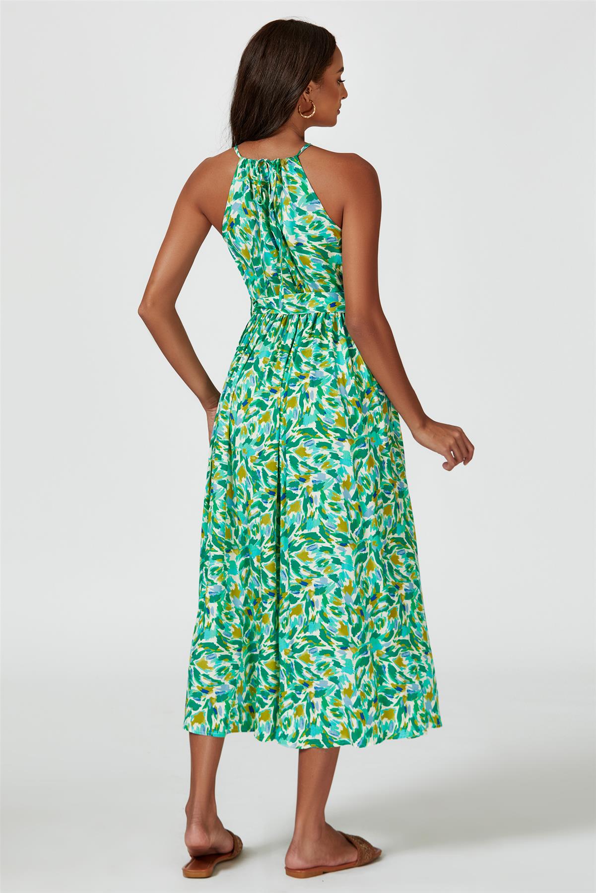 Abstract Print Tie Halterneck Maxi Dress In Green FS567-GA