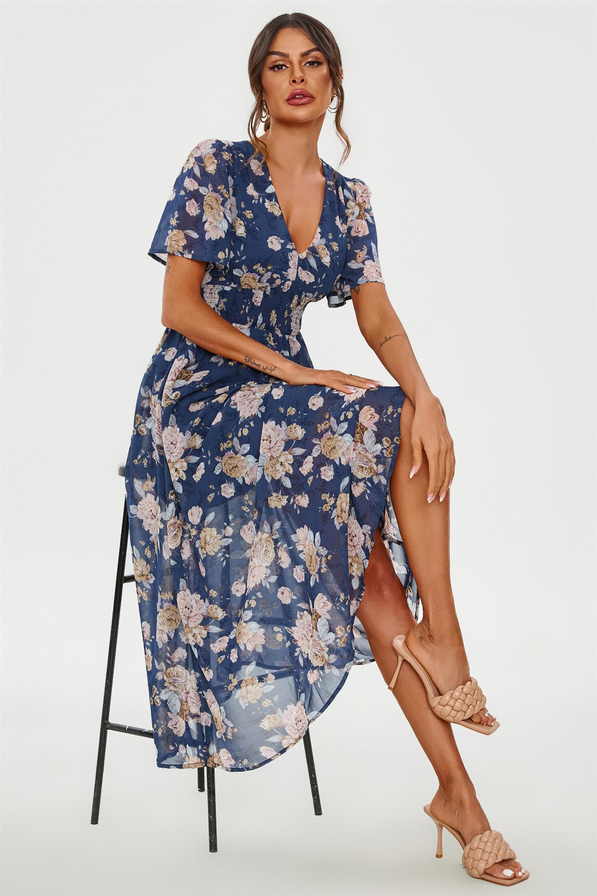 Floral Print Angel Sleeve Maxi Dress In Blue FS641-BlueF