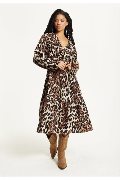 Leopard - Leopard Print Long Sleeve Midi Dress by Liquorish