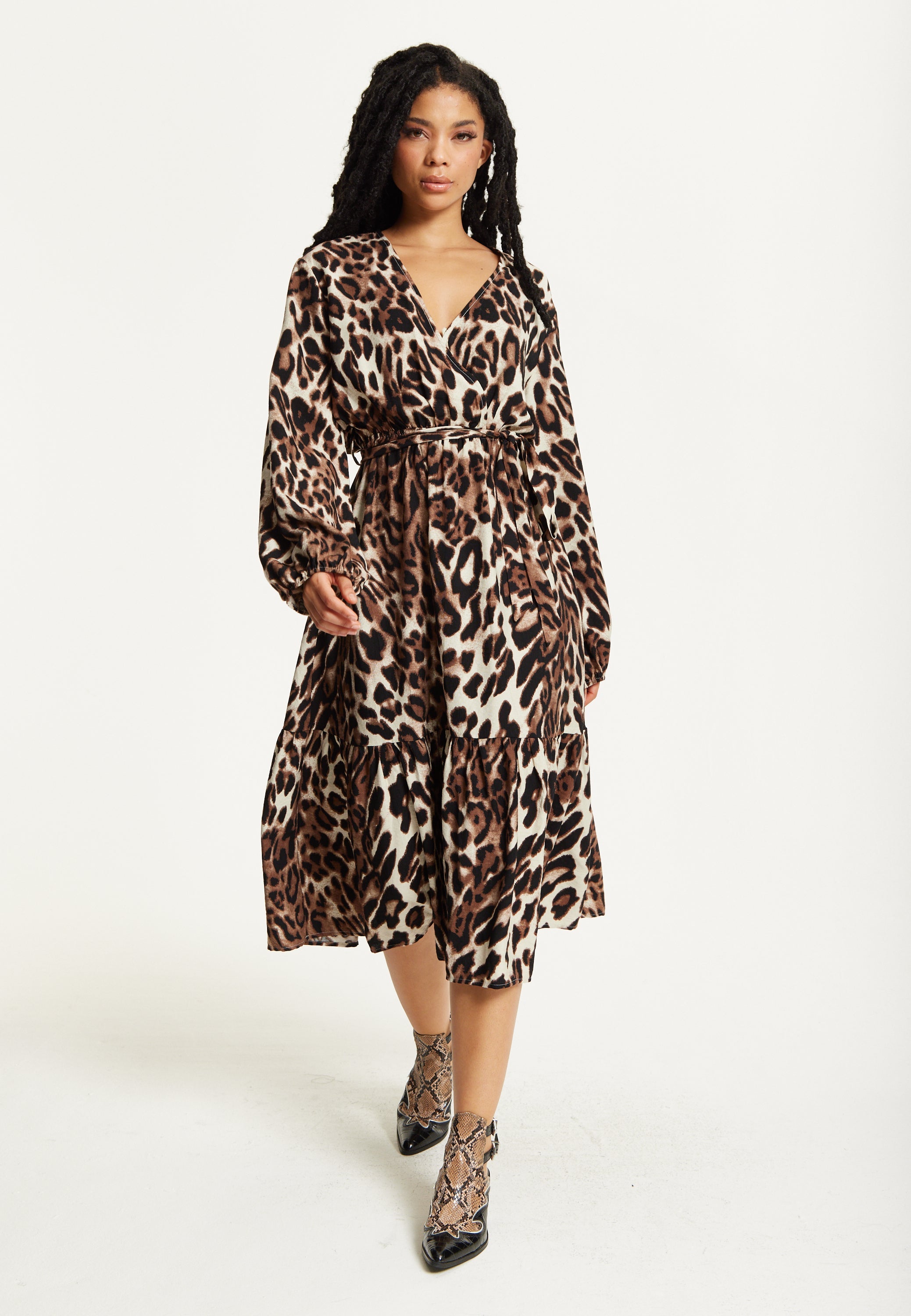 Leopard Print Long Sleeve Midi Dress TD25549037