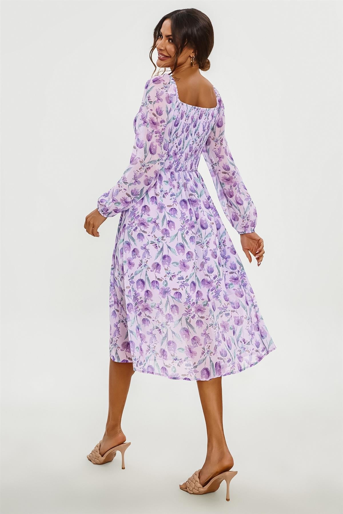 Floral Print Long Sleeve Maxi Dress In Purple FS640-PurpleF
