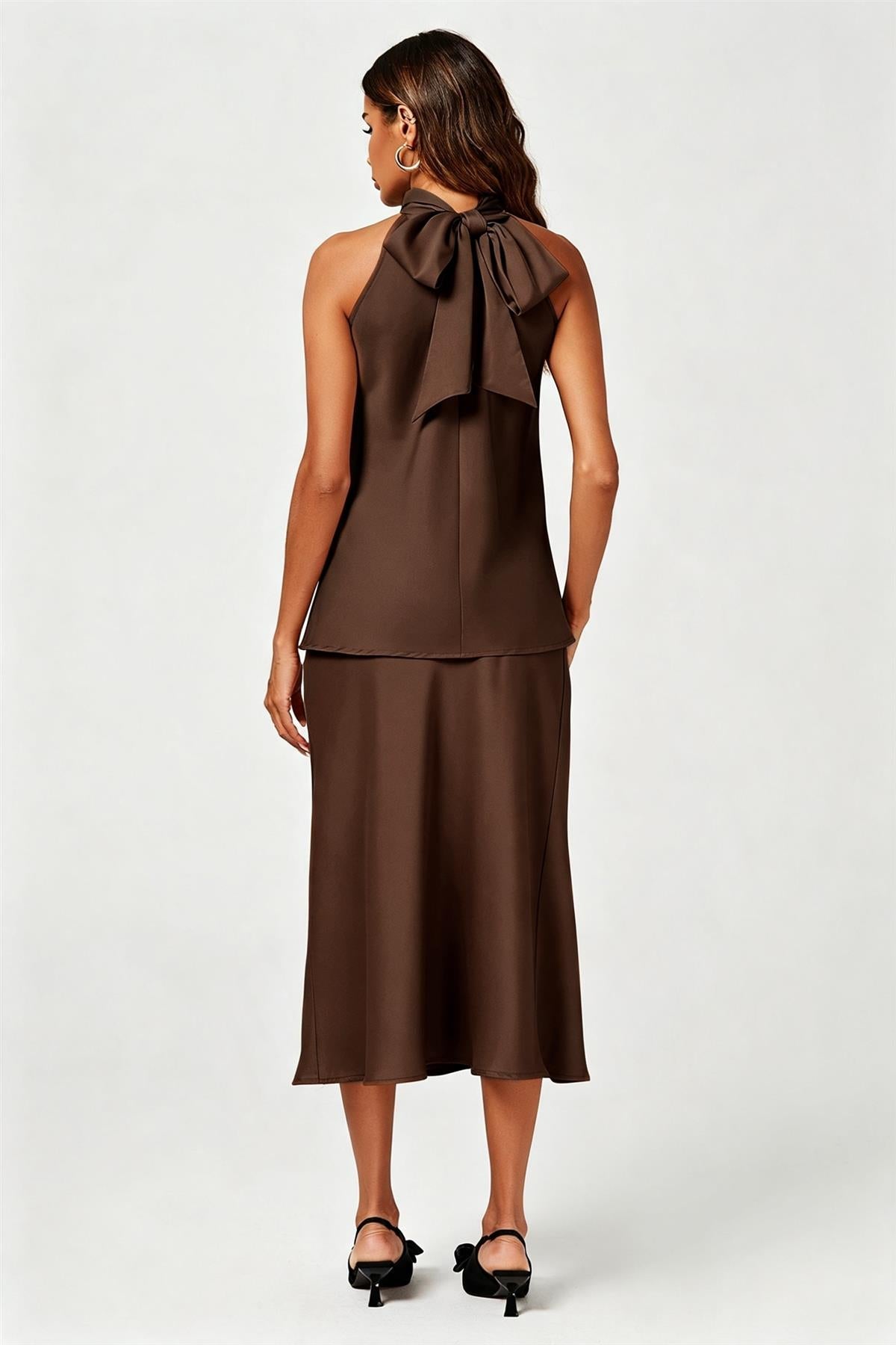 Satin Halter Neck Tie Back Top In Brown FS21180