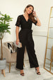 Double Second Black Lace Wrap Short Sleeve Wide Leg Jumpsuit