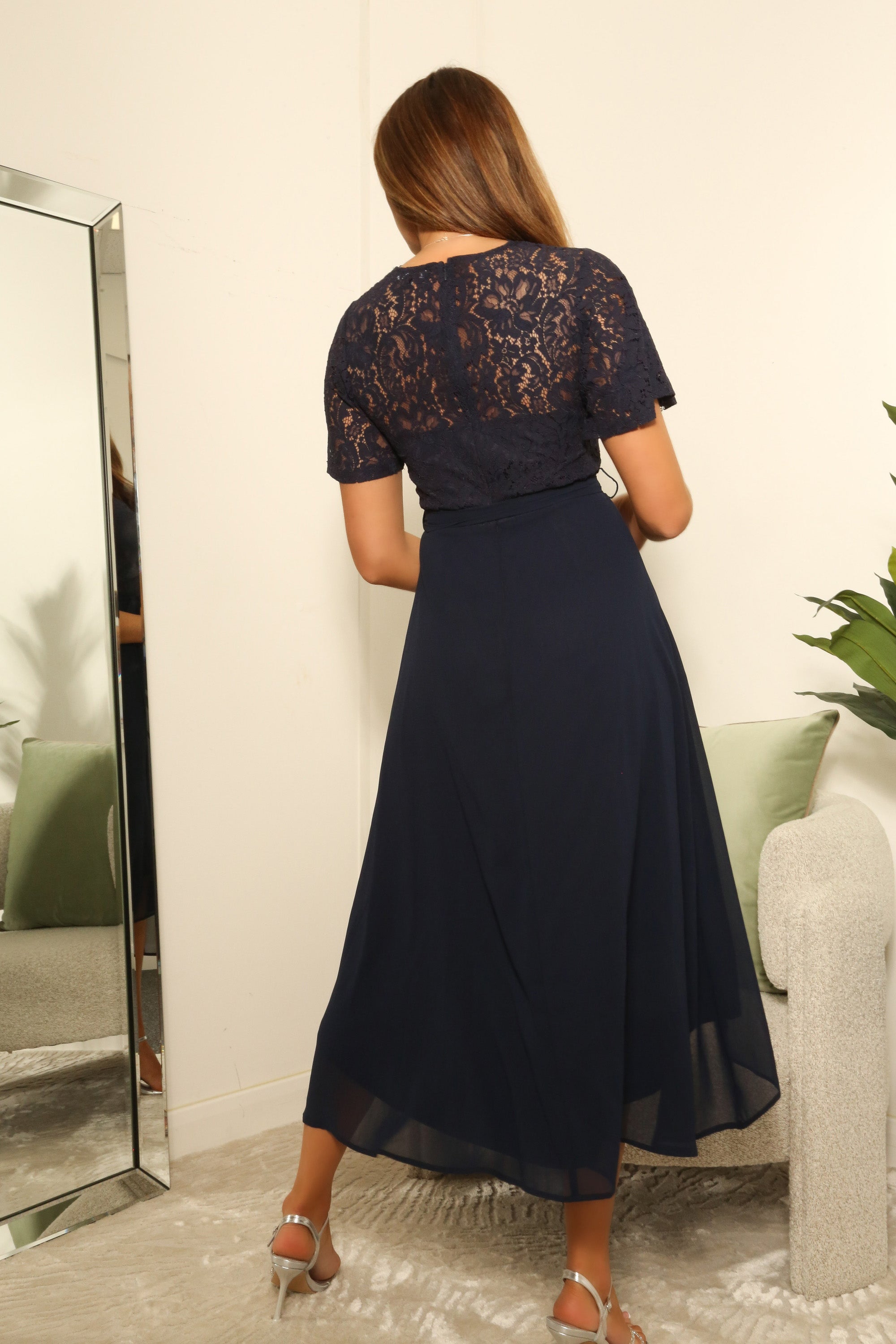 Navy Lace Wrap Front High Low Hem Dress DR0000411
