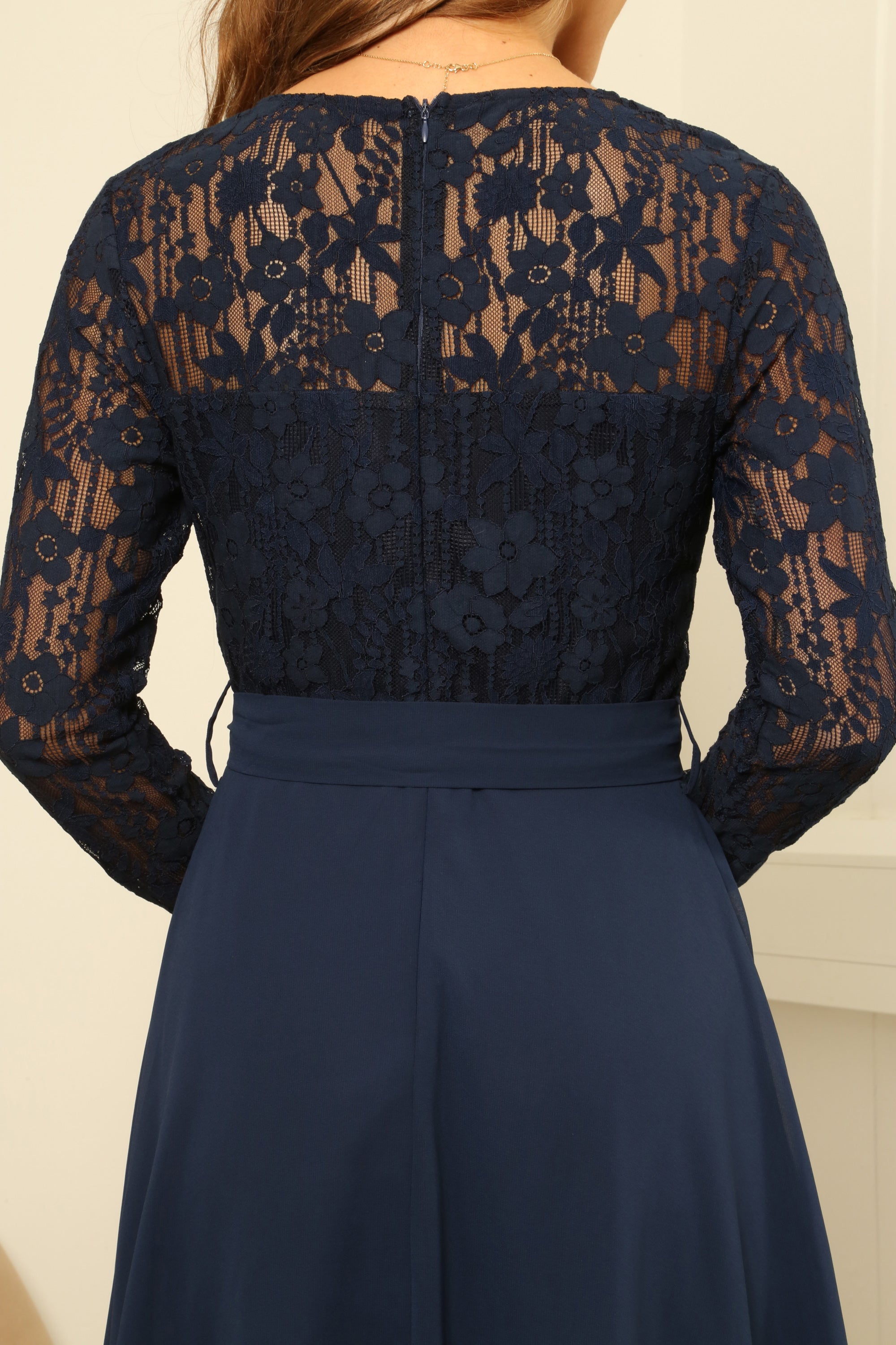 Lace Long Sleeve Handkerchief Hem Midi Dress DR0000585