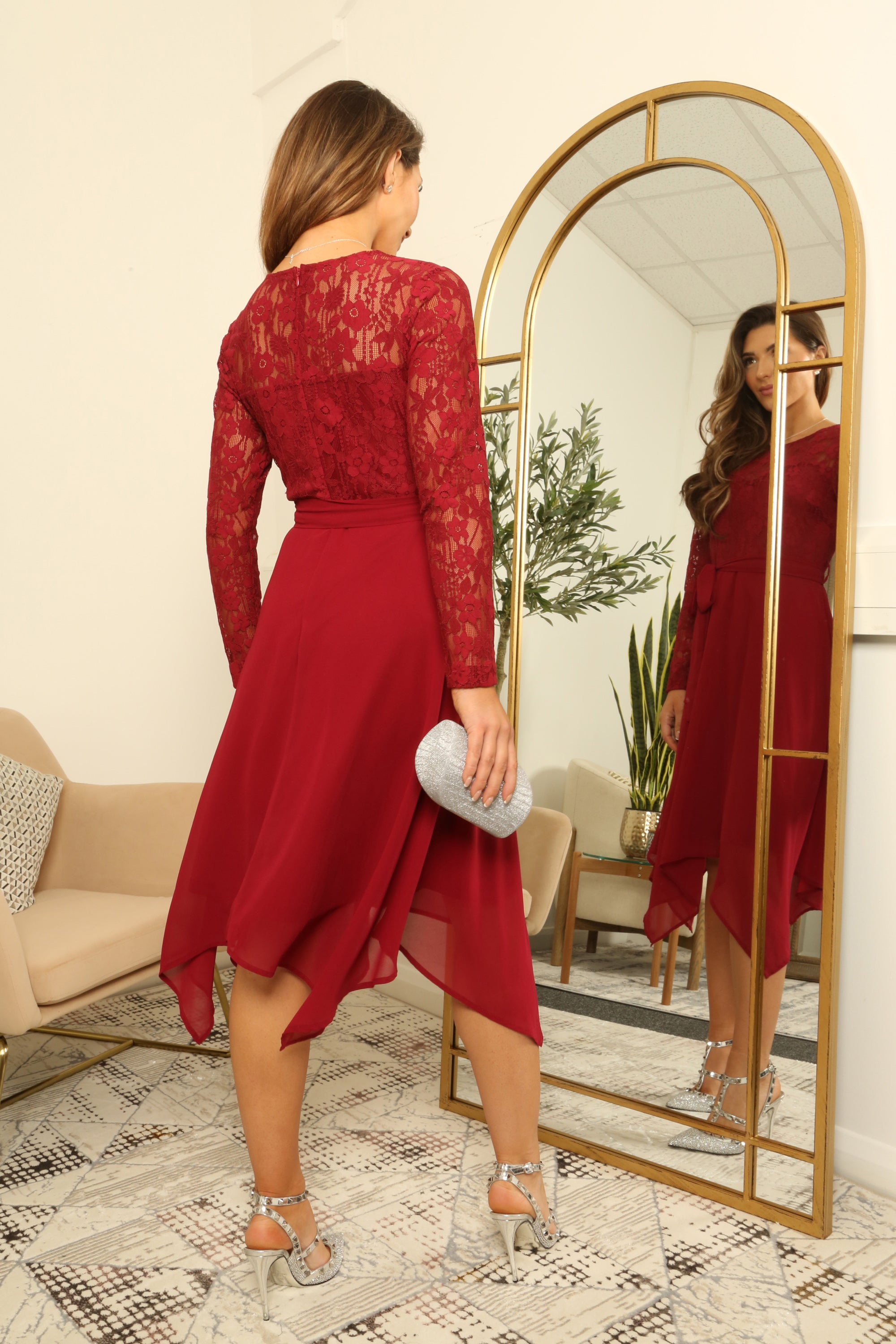 Lace Long Sleeve Handkerchief Hem Midi Dress DR0000584