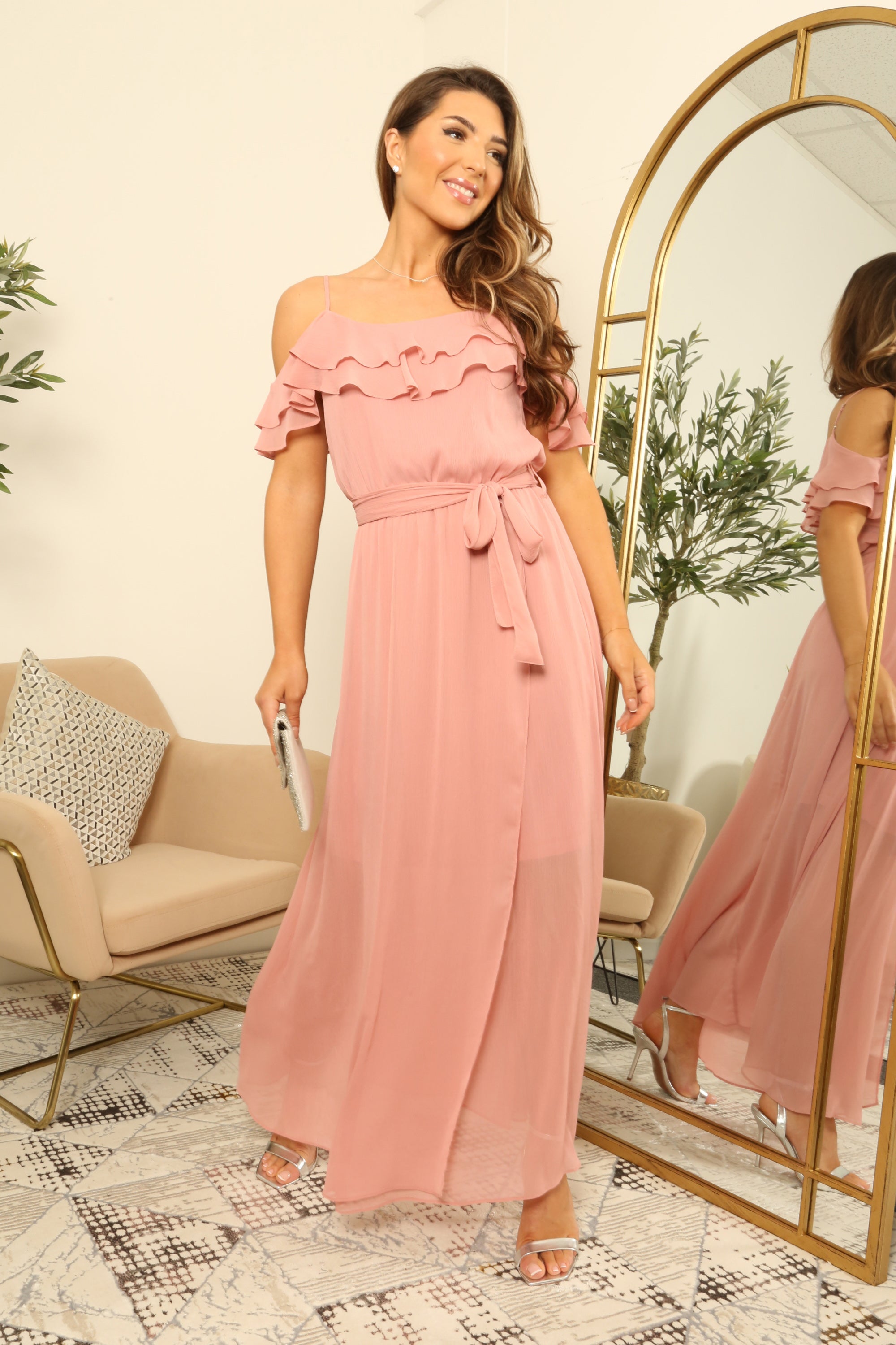 Pink Double Frill Off Shoulder Wrap Maxi Dress DR0000123