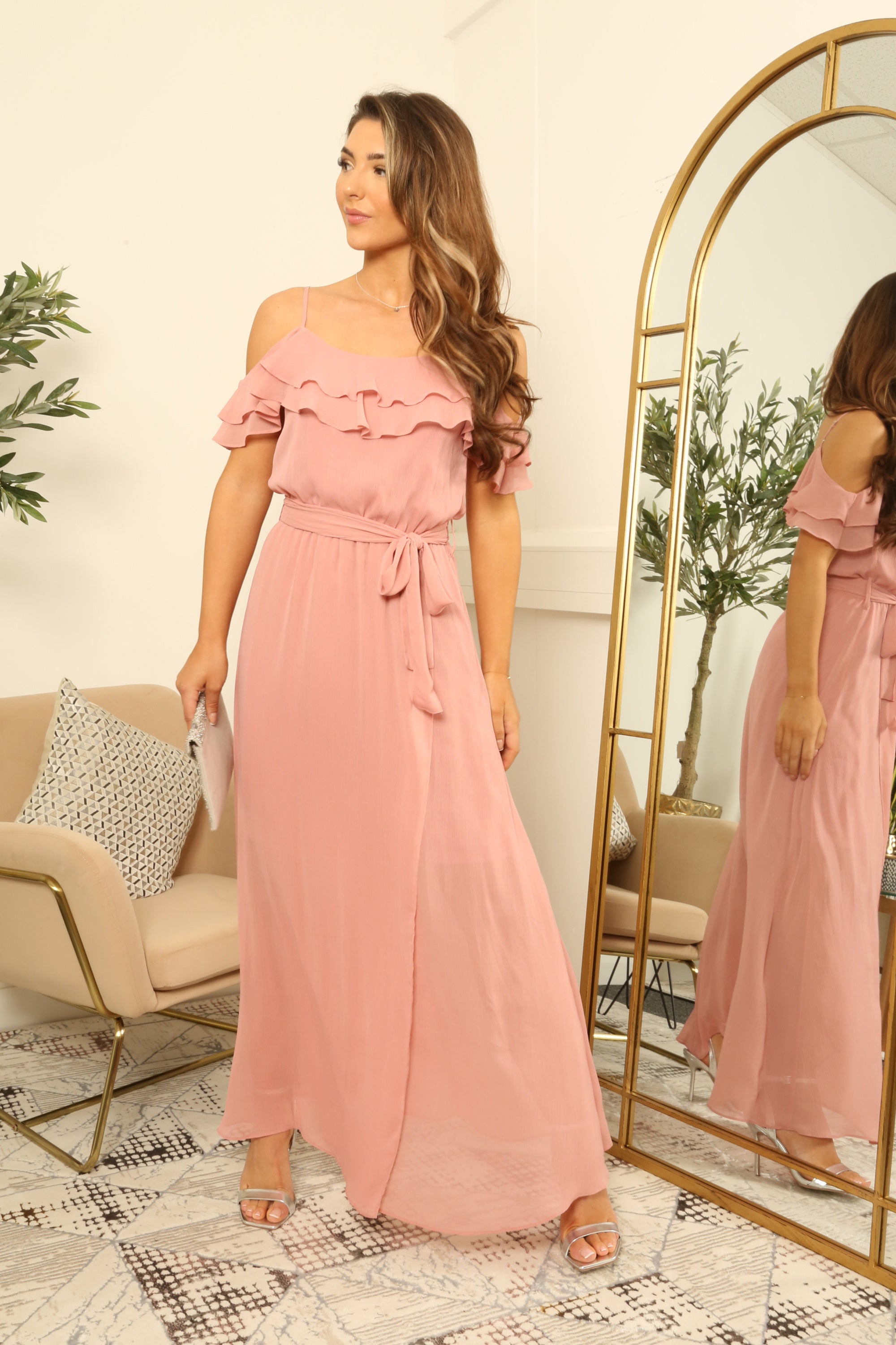 Pink Double Frill Off Shoulder Wrap Maxi Dress DR0000123