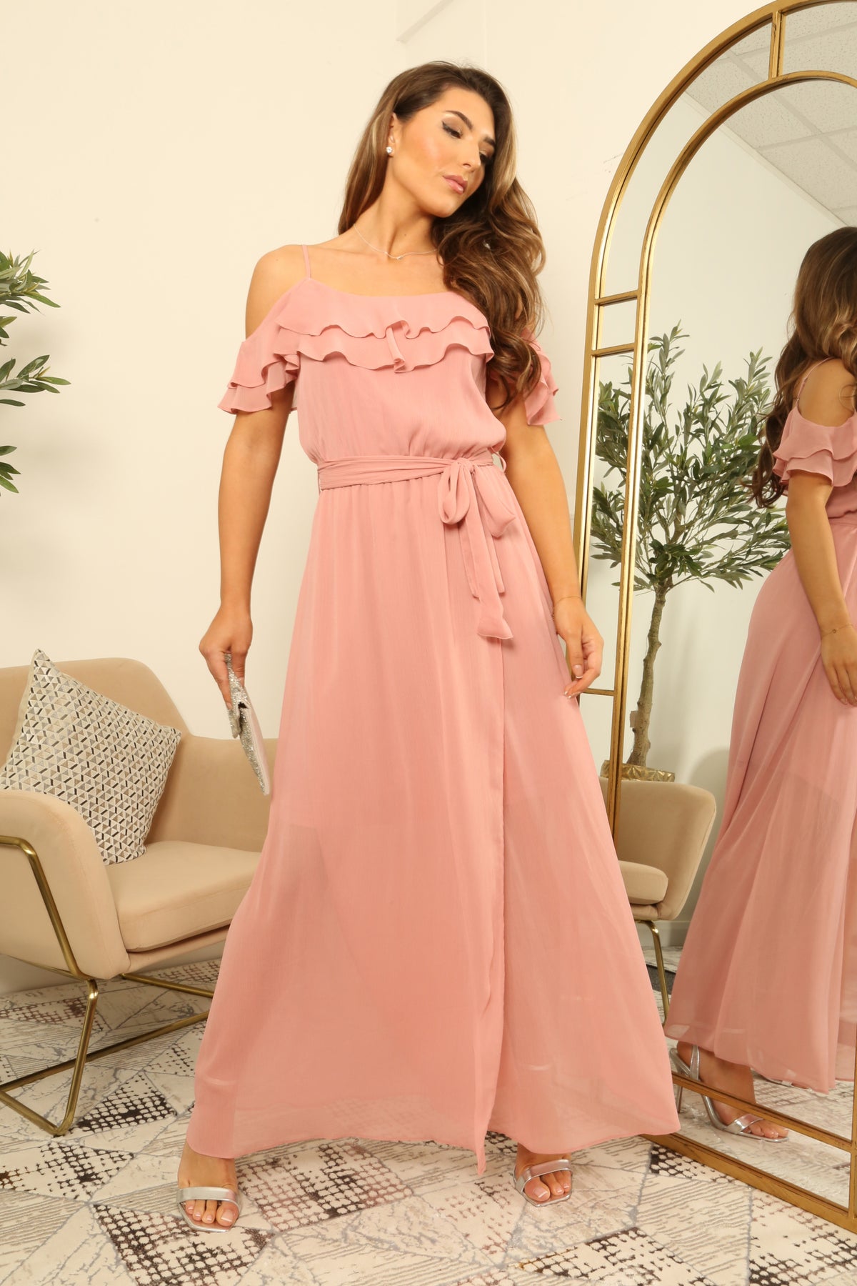 Pink Double Frill Off Shoulder Wrap Maxi Dress DR0000123