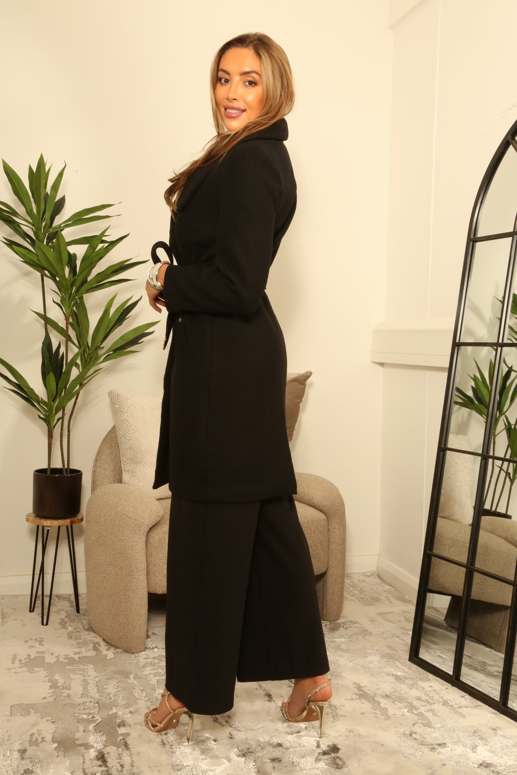 Black Wool Blend Wrap Coat OU0000046
