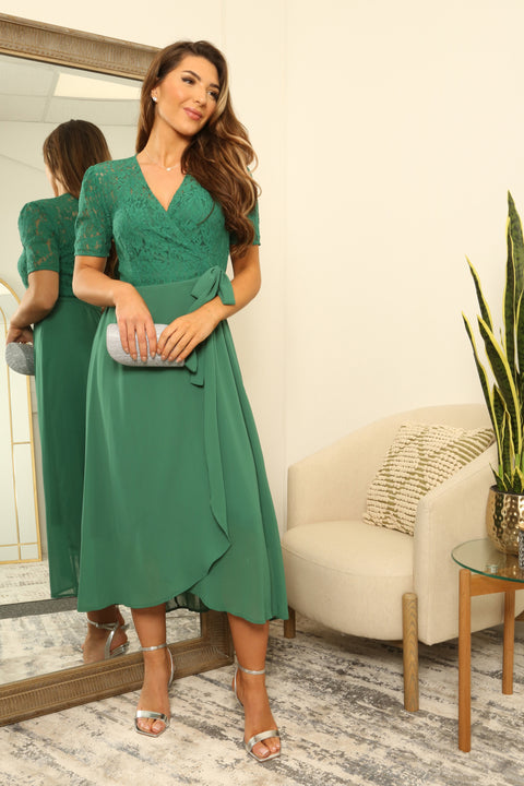 Double Second Lace And Chiffon High Low True Wrap Dress