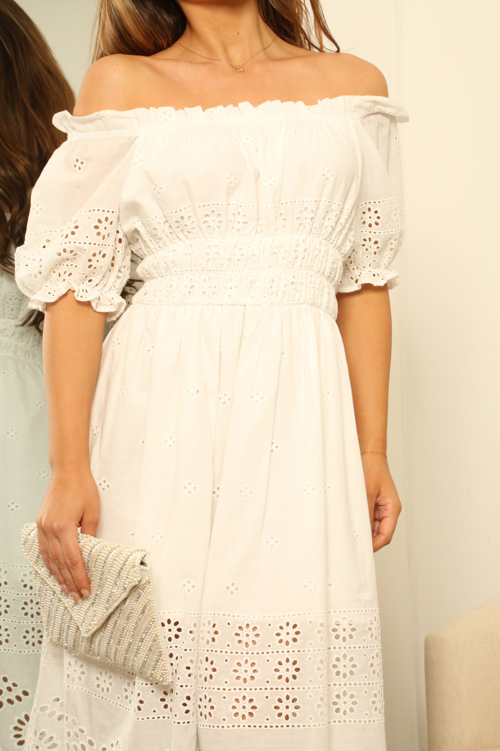 Broderie Lace Bardot Midi Dress DR0000435