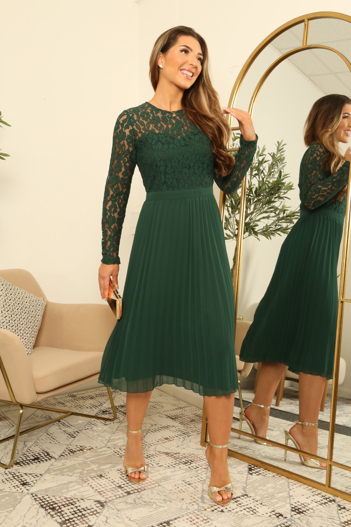 Green Long Sleeve Lace Pleated Dress Goddiva - Main Image