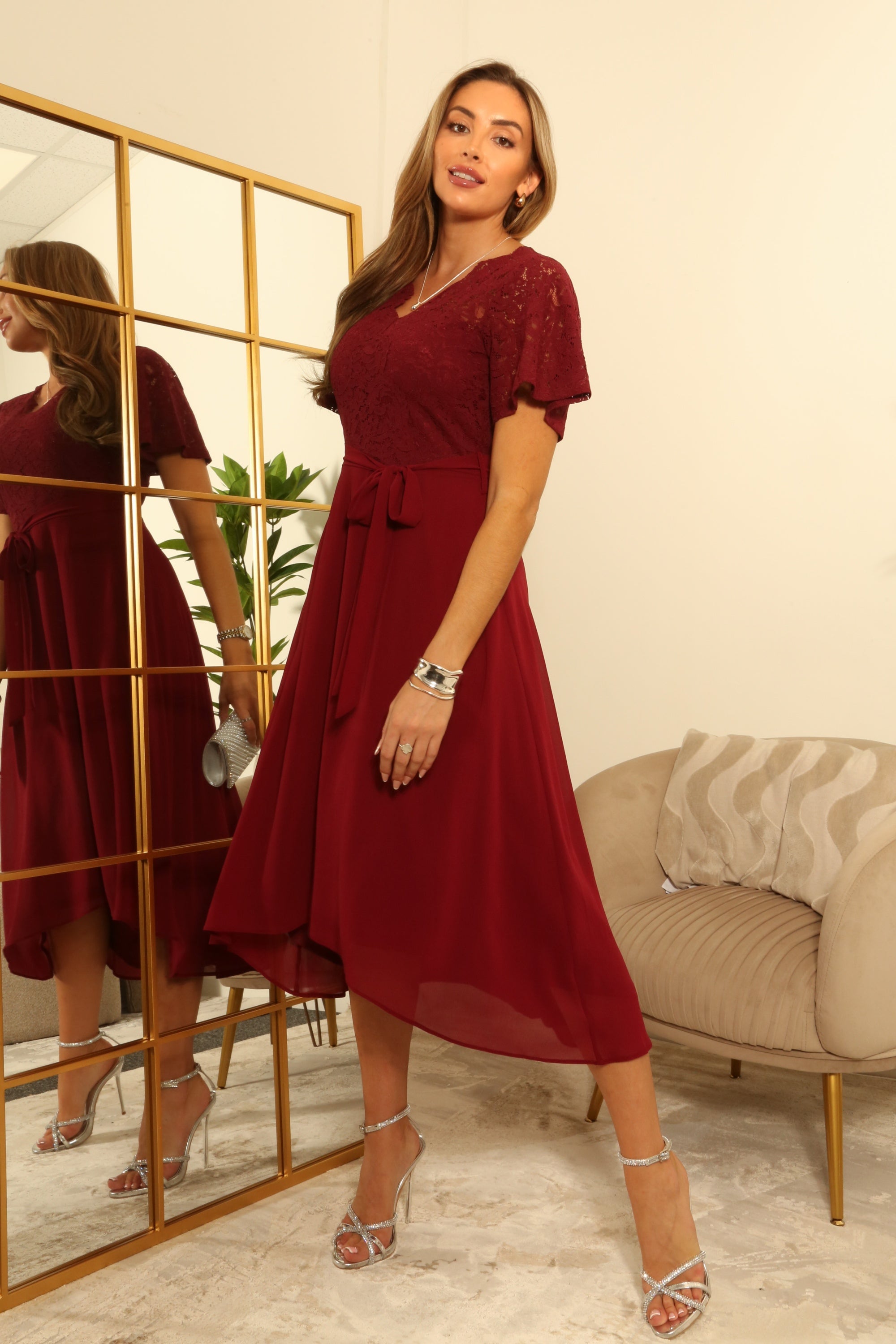 Lace Wrap Front High Low Hem Dress DR0000696