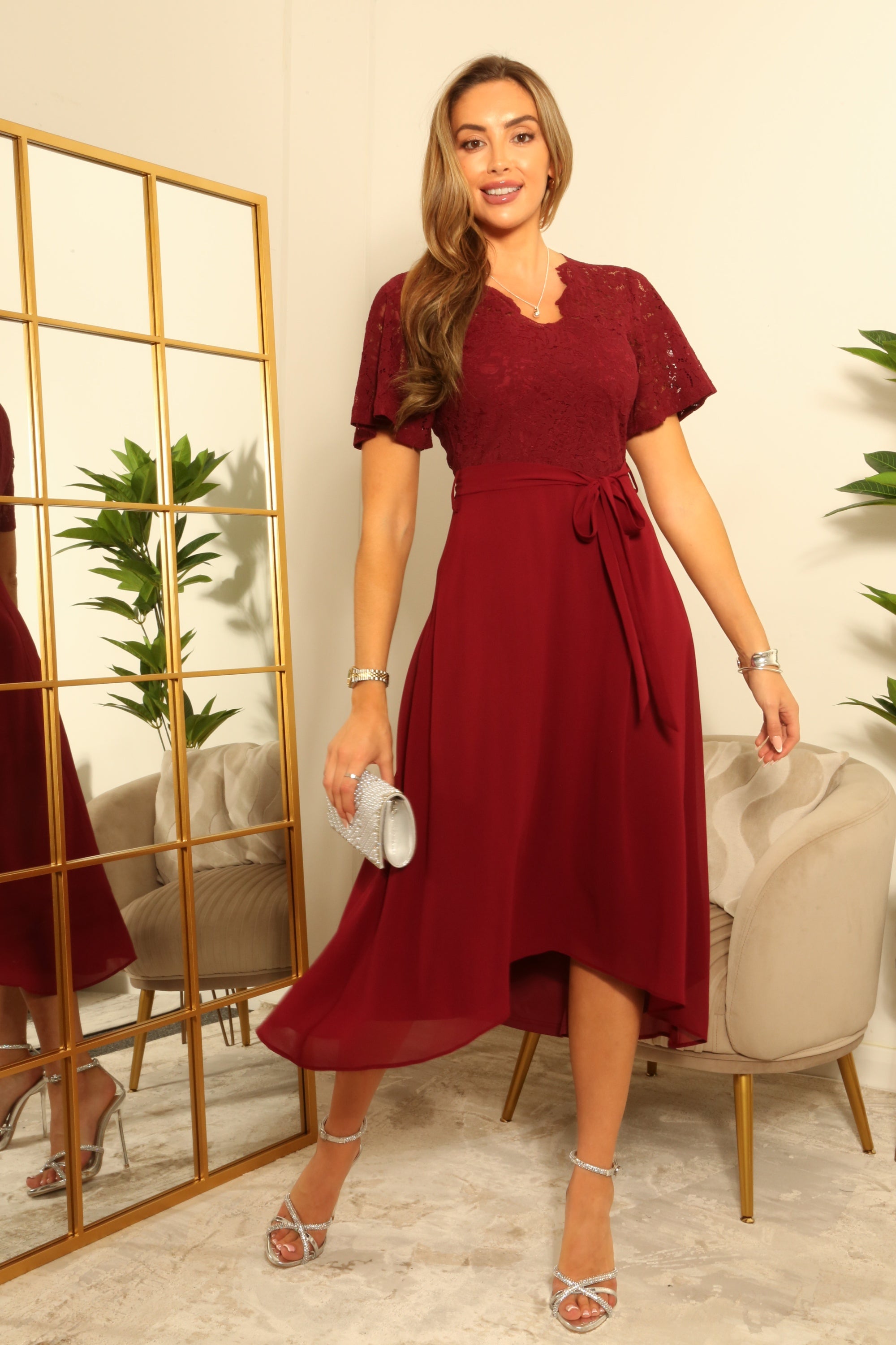 Lace Wrap Front High Low Hem Dress DR0000696