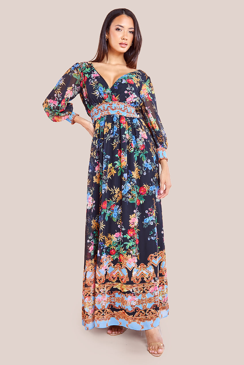 Chiffon Wrap Border Floral Print Maxi Dress - Black DR4394