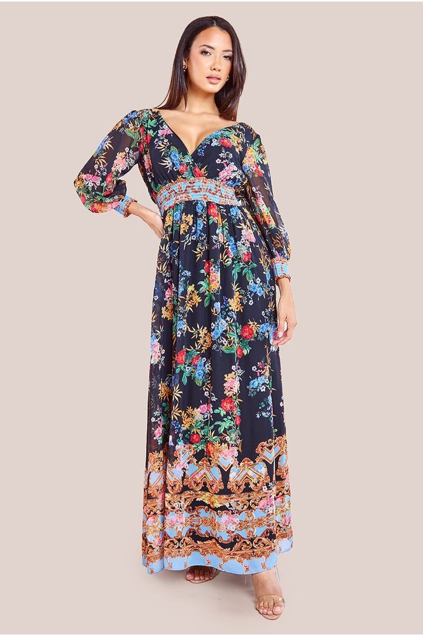 Chiffon Wrap Border Floral Print Maxi Dress - Black DR4394