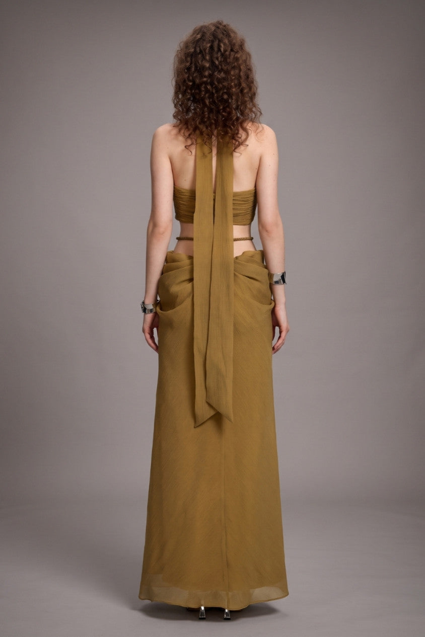 High-Neck Braided Cut-Out Draped Chiffon Maxi Dress R2510HB025