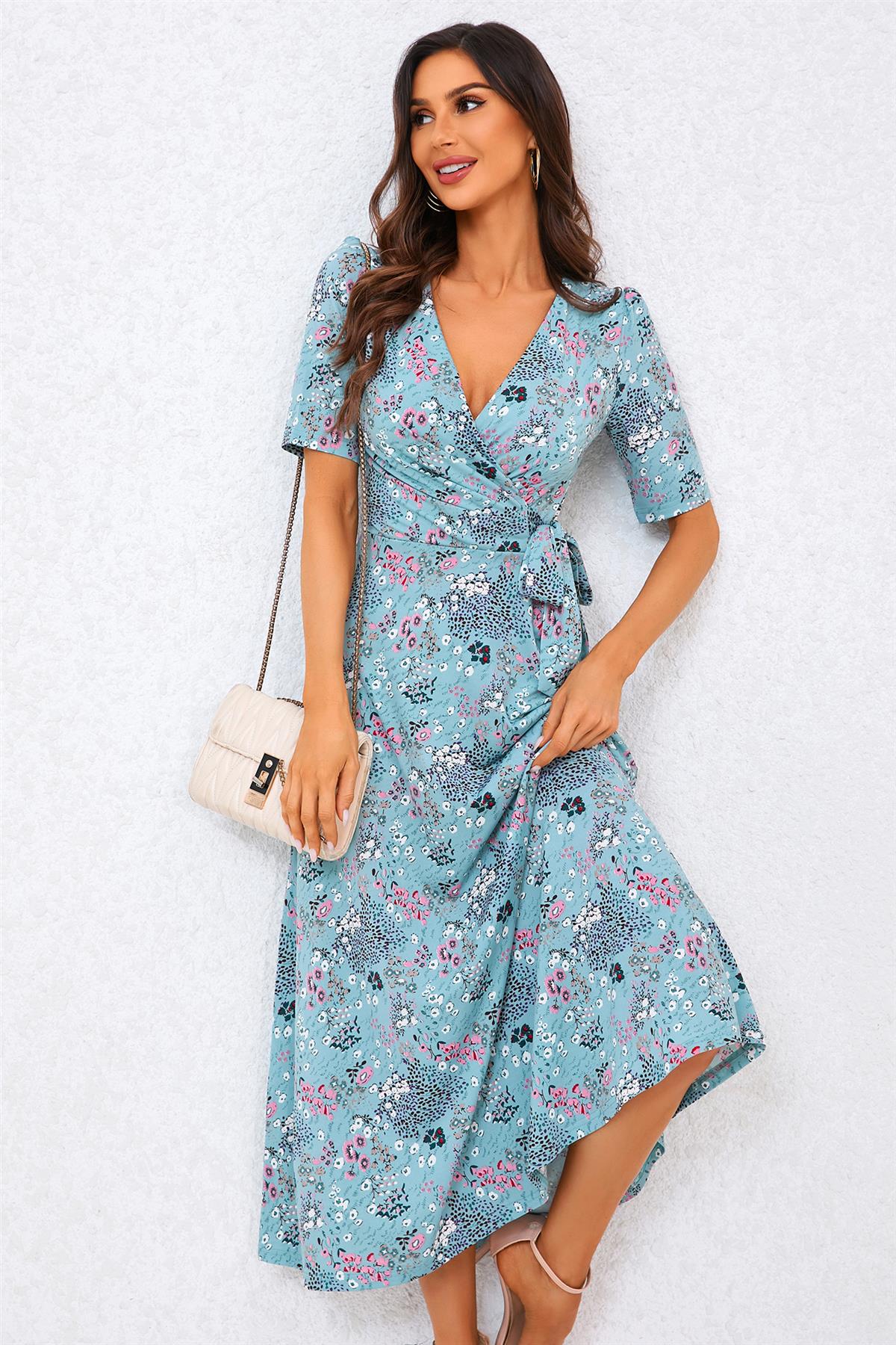 Floral Print Jersey Midi Dress In Blue FS706-BlueFloral