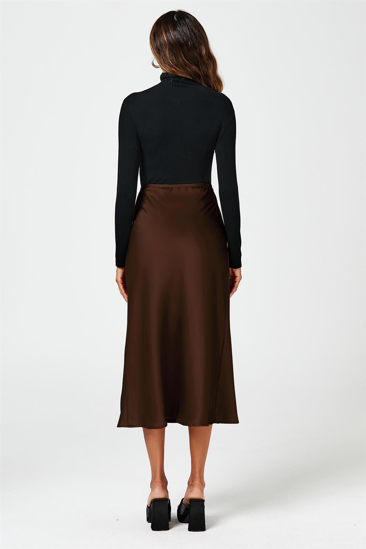 Brown Satin Midi Skirt FS613