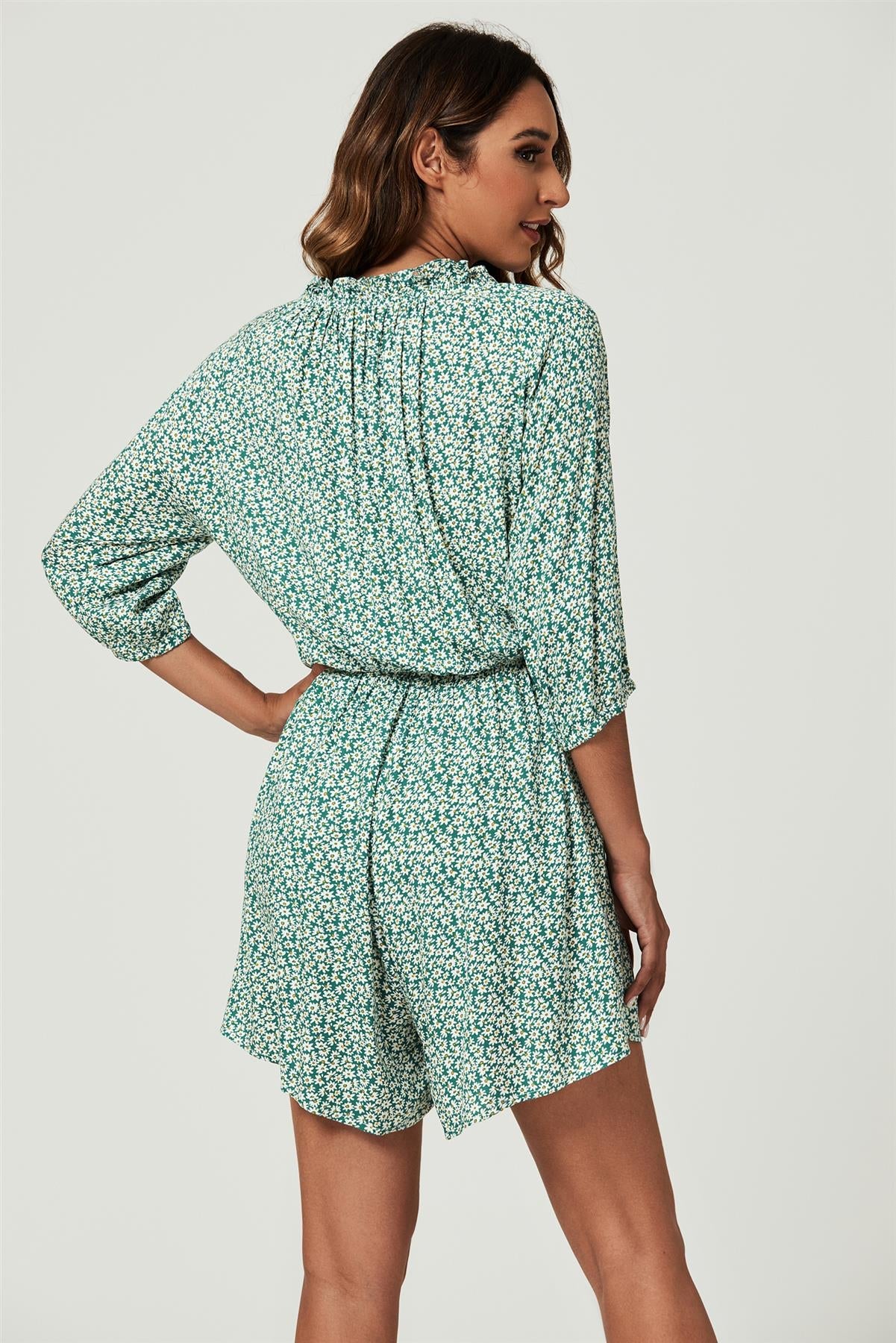 Daisy Floral Print Boho Playsuit With Buttons In Green TT052-GreenDaisy