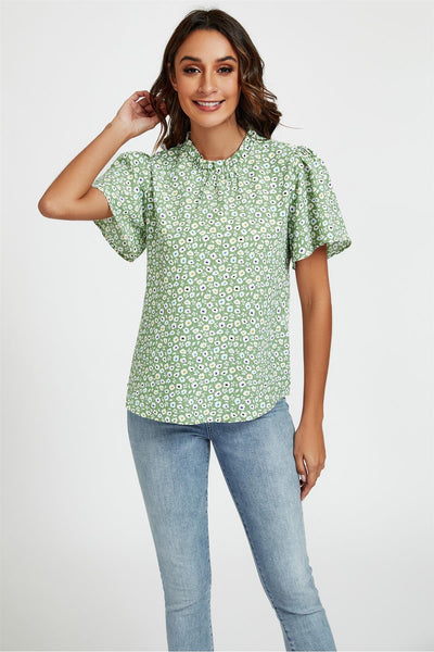 Green - Little Floral Print Angle Sleeve High Neck Top Blouse In Green by FS Collection