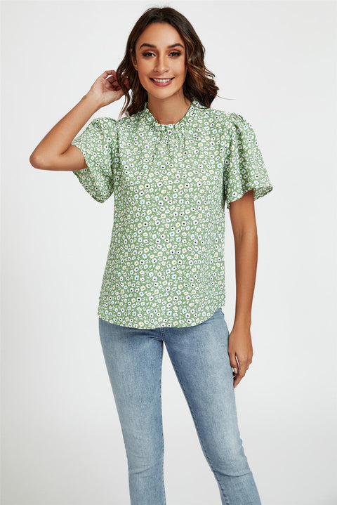 Little Floral Print Angle Sleeve High Neck Top Blouse In Green by FS Collection