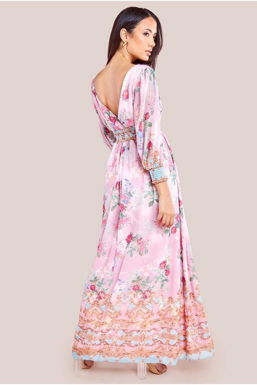 Chiffon Wrap Border Floral Print Maxi Dress - Pink DR4394