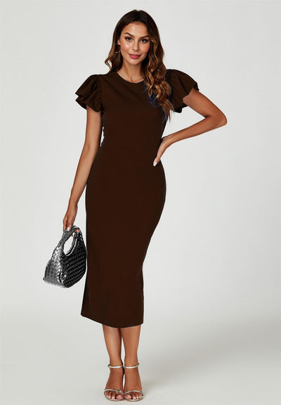 Espresso - Volume Sleeve Bodycon Midi Dress In Espresso by FS Collection