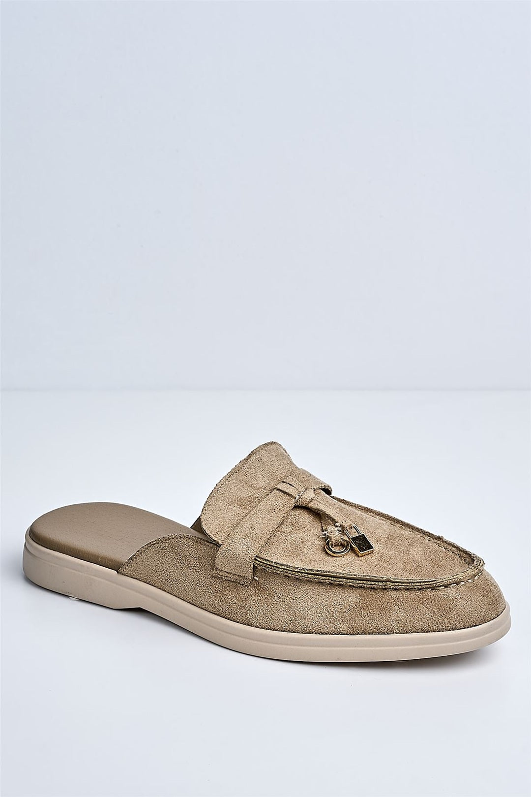 Adaloria Padlock Charm Backless Flat Loafers In Taupe Suede PANTHER2-TAUSU