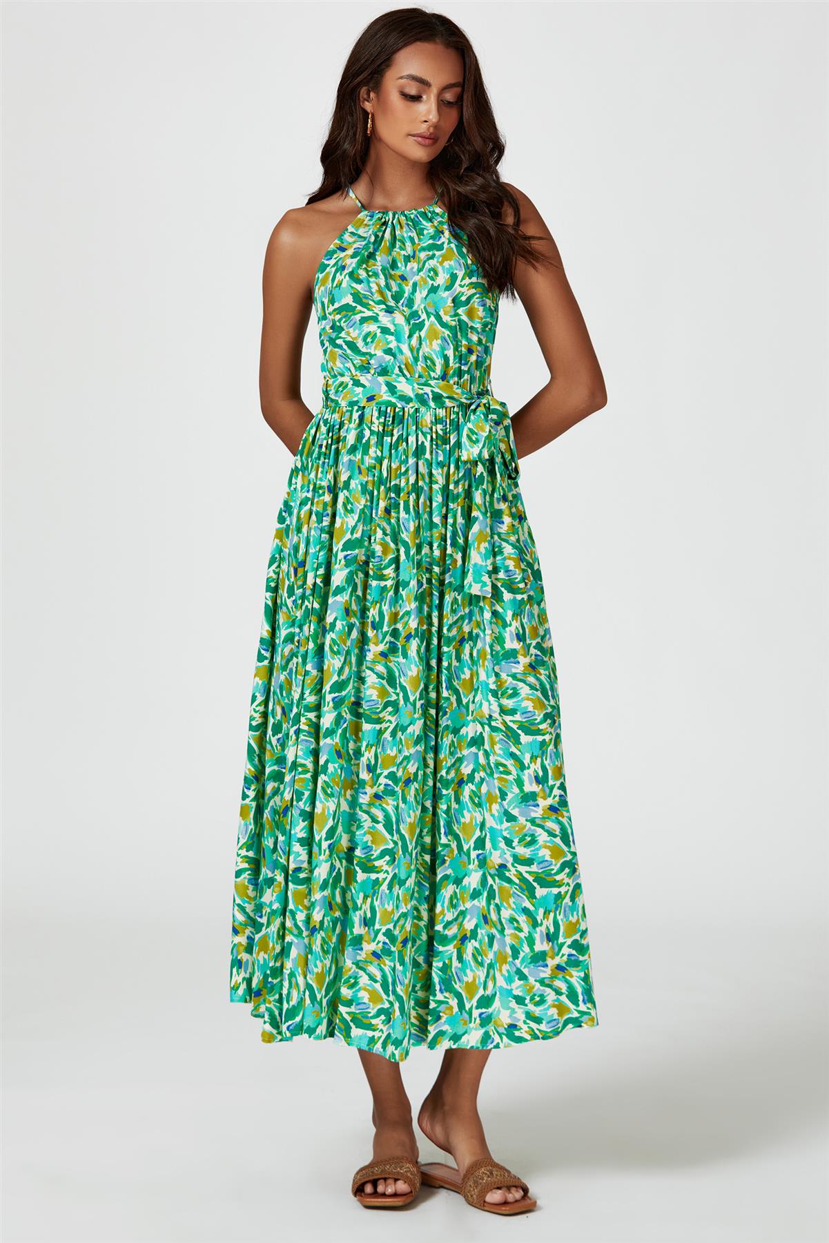 Abstract Print Tie Halterneck Maxi Dress In Green FS567-GA