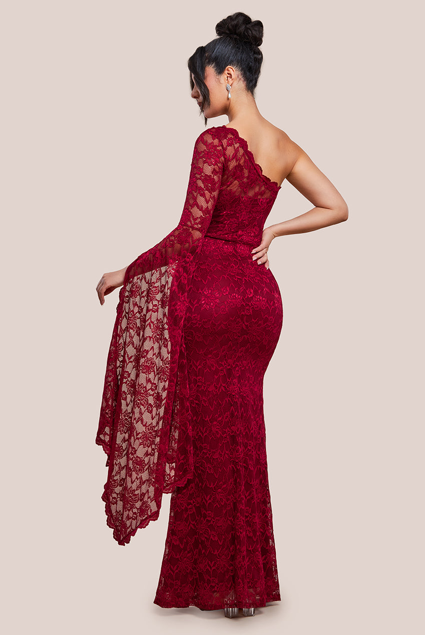 One Shoulder Scalloped Neck Maxi Dress - Wine DR4601