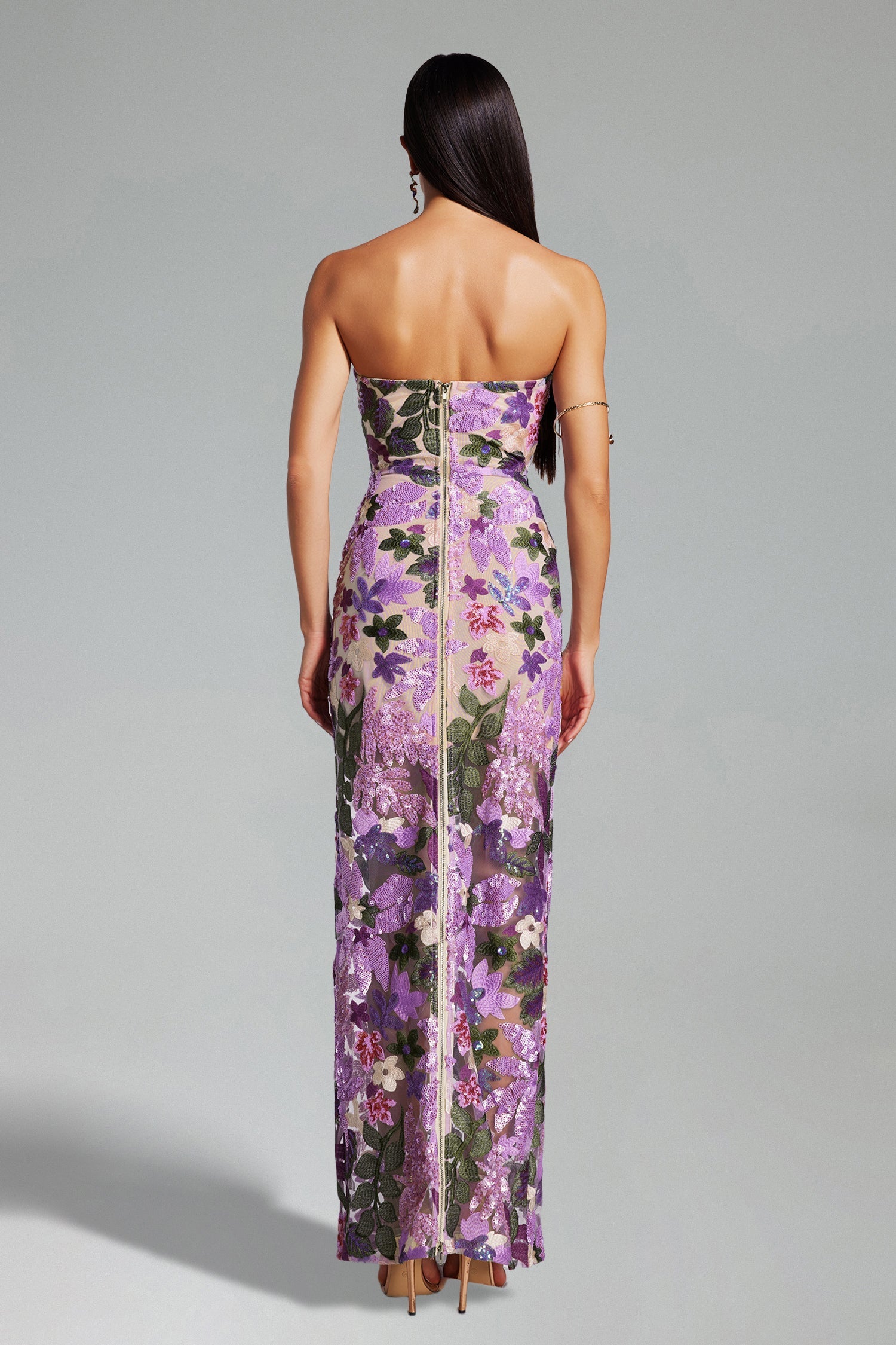 Eugenia Flower Sequins Strapless Mesh Dress - Purple D240701211