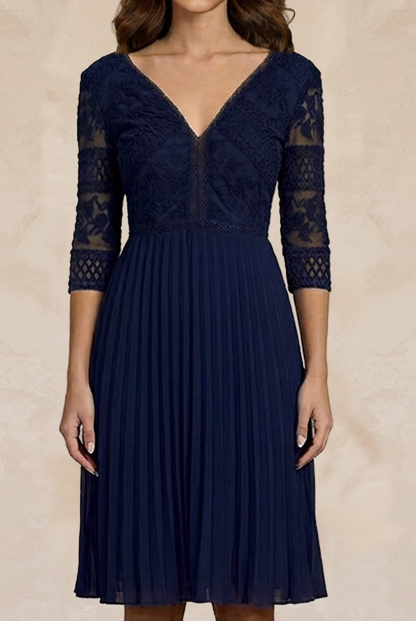 Long Sleeve V Neck Midi Dress In Navy 80493NB