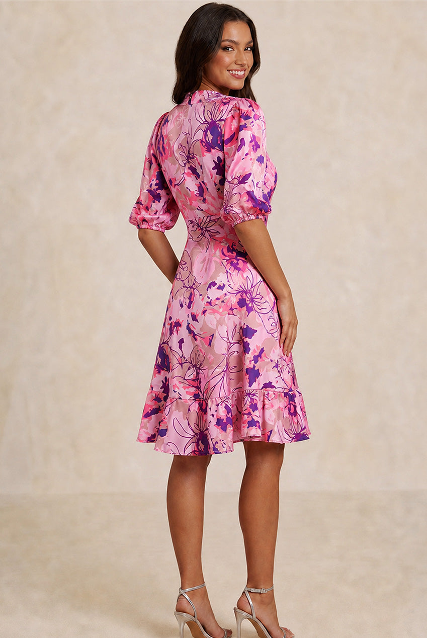 Tie Front Abstract Floral Print Dip Hem Dress In Pink 80837MAPI