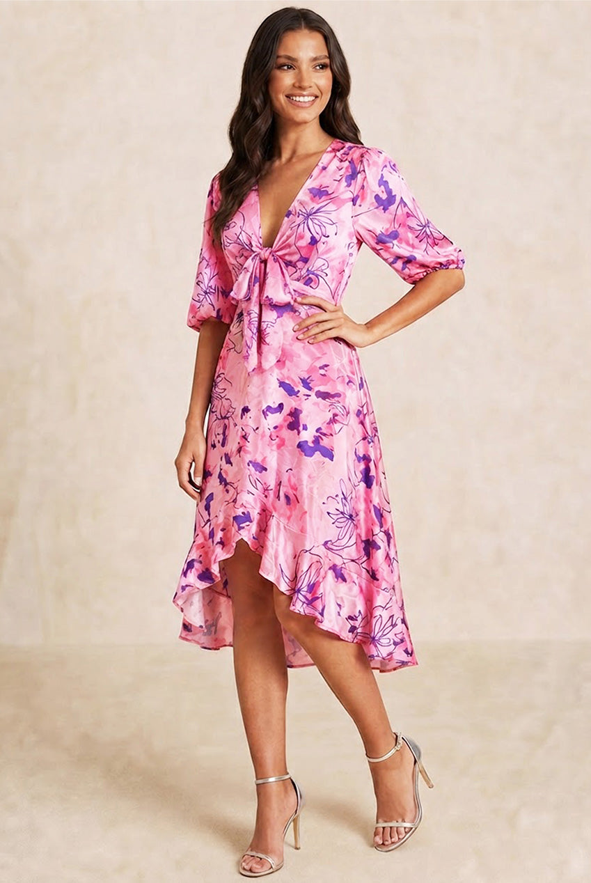 Tie Front Abstract Floral Print Dip Hem Dress In Pink 80837MAPI