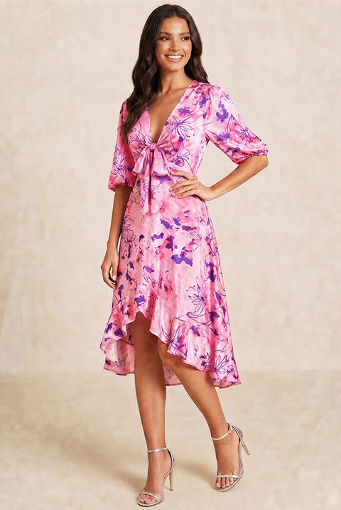 Tie Front Abstract Floral Print Dip Hem Dress In Pink by Chi Chi London
