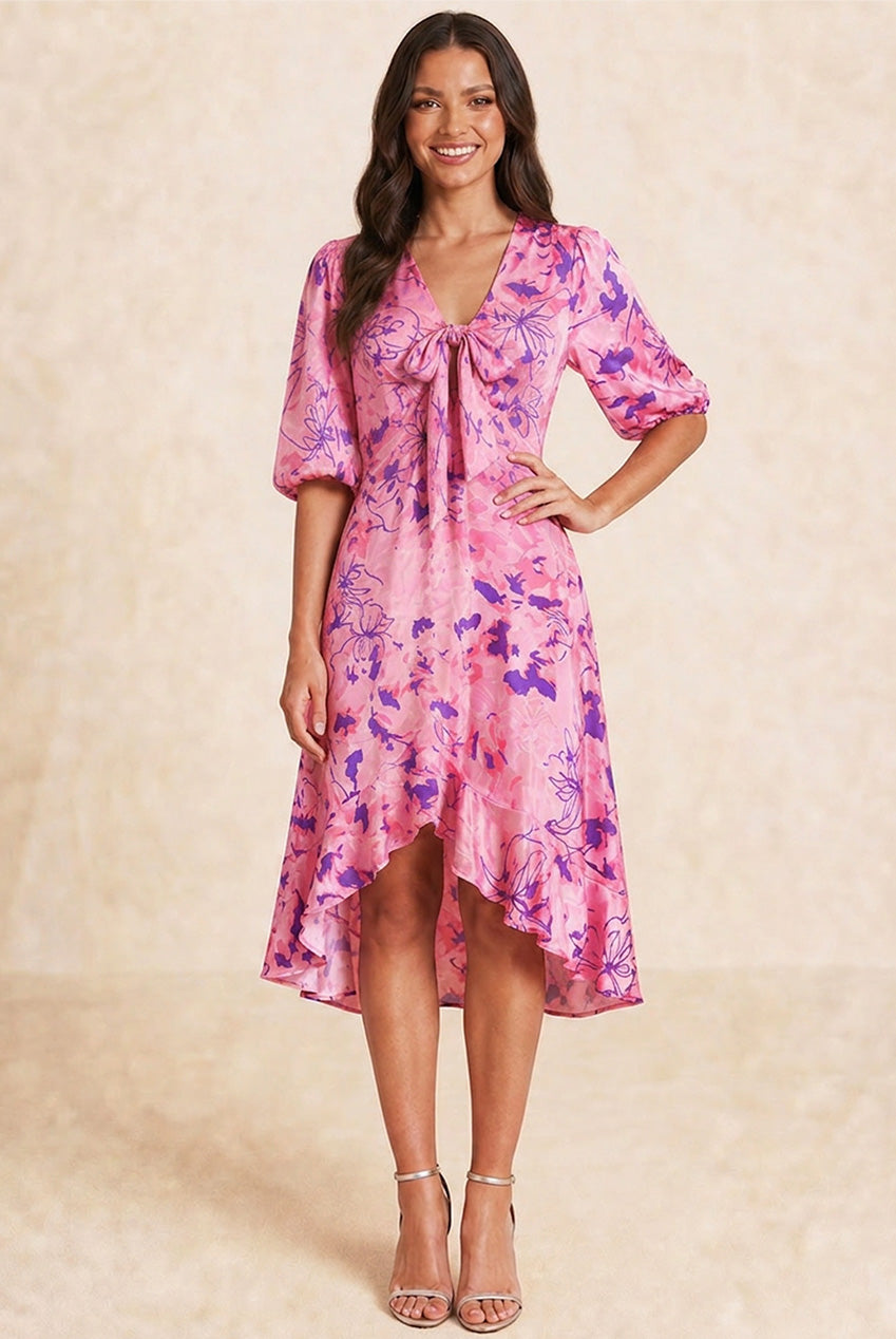 Tie Front Abstract Floral Print Dip Hem Dress In Pink 80837MAPI
