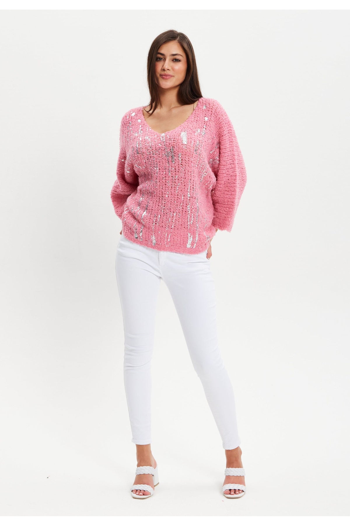 Pink Loose Knit Jumper With Metallic Detail UAL003