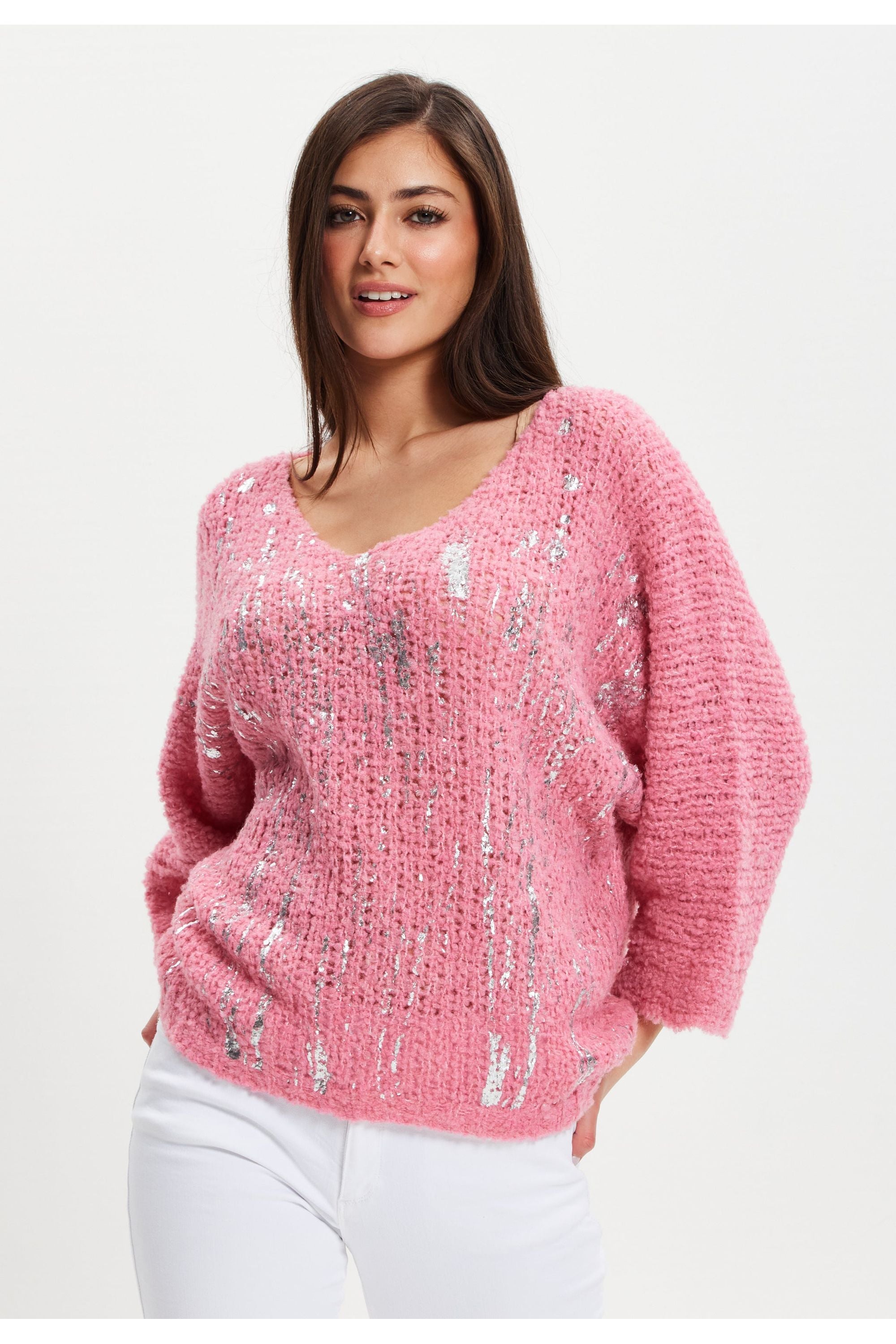 Pink Loose Knit Jumper With Metallic Detail UAL003