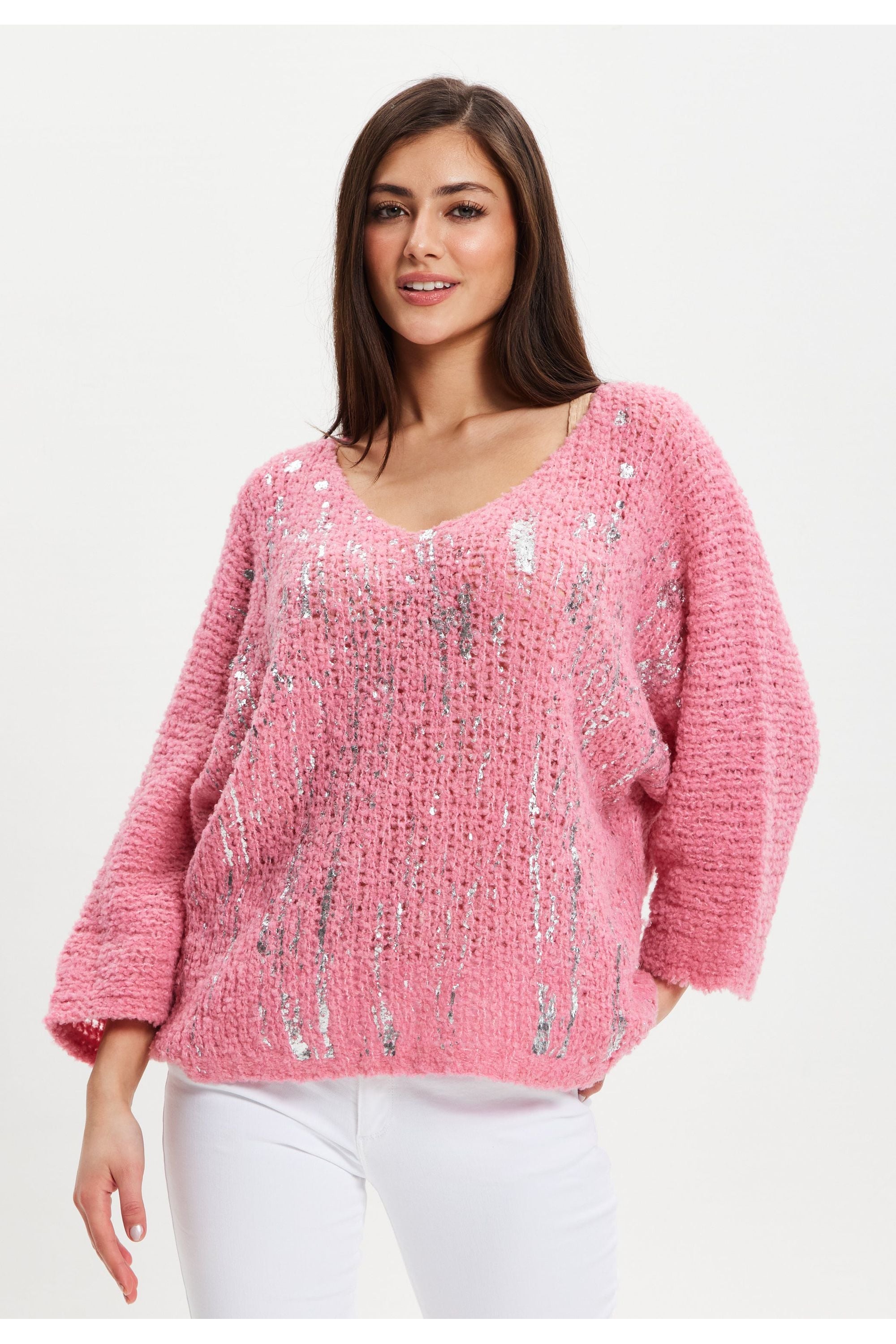 Pink Loose Knit Jumper With Metallic Detail UAL003