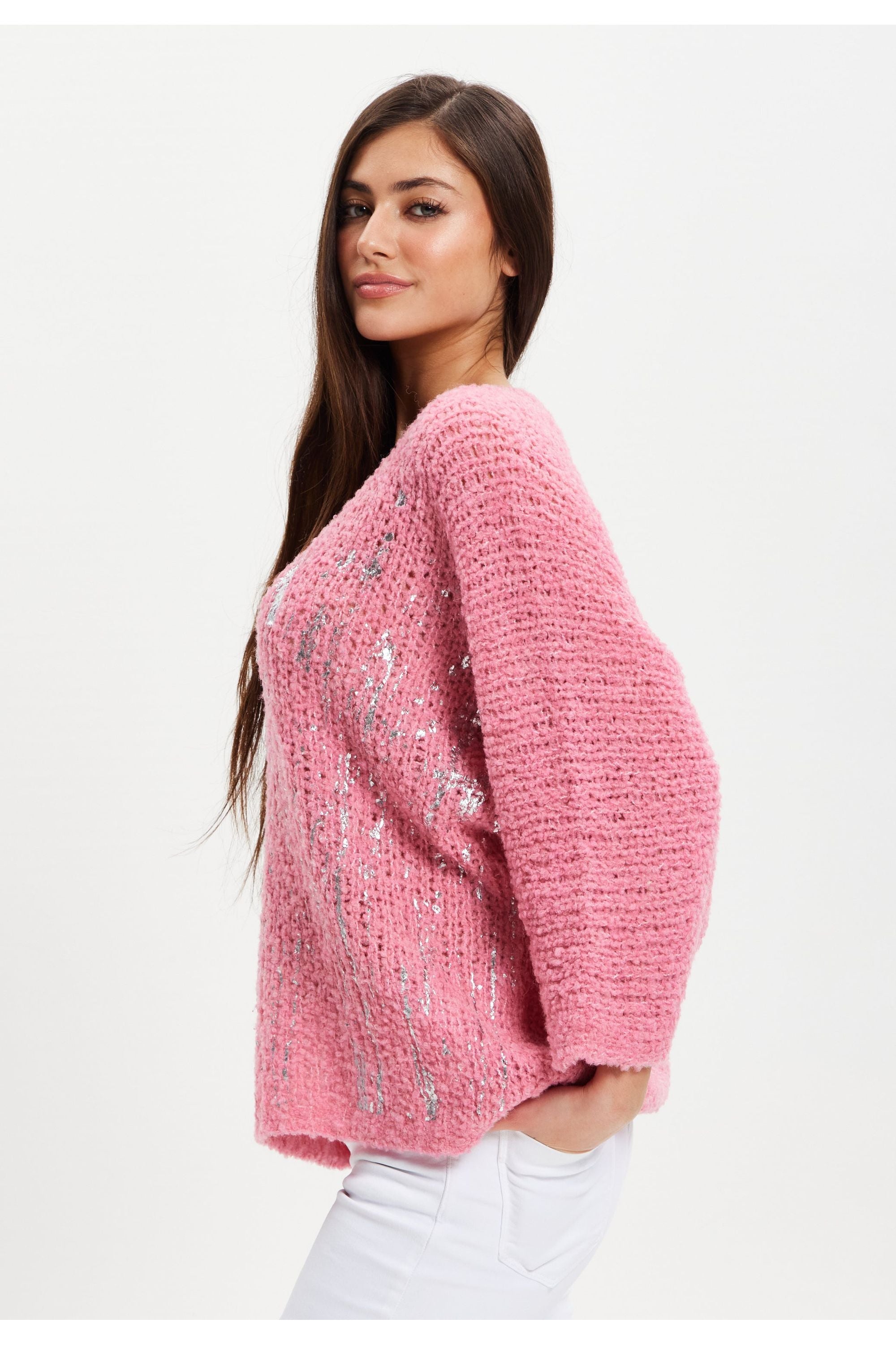 Pink Loose Knit Jumper With Metallic Detail UAL003