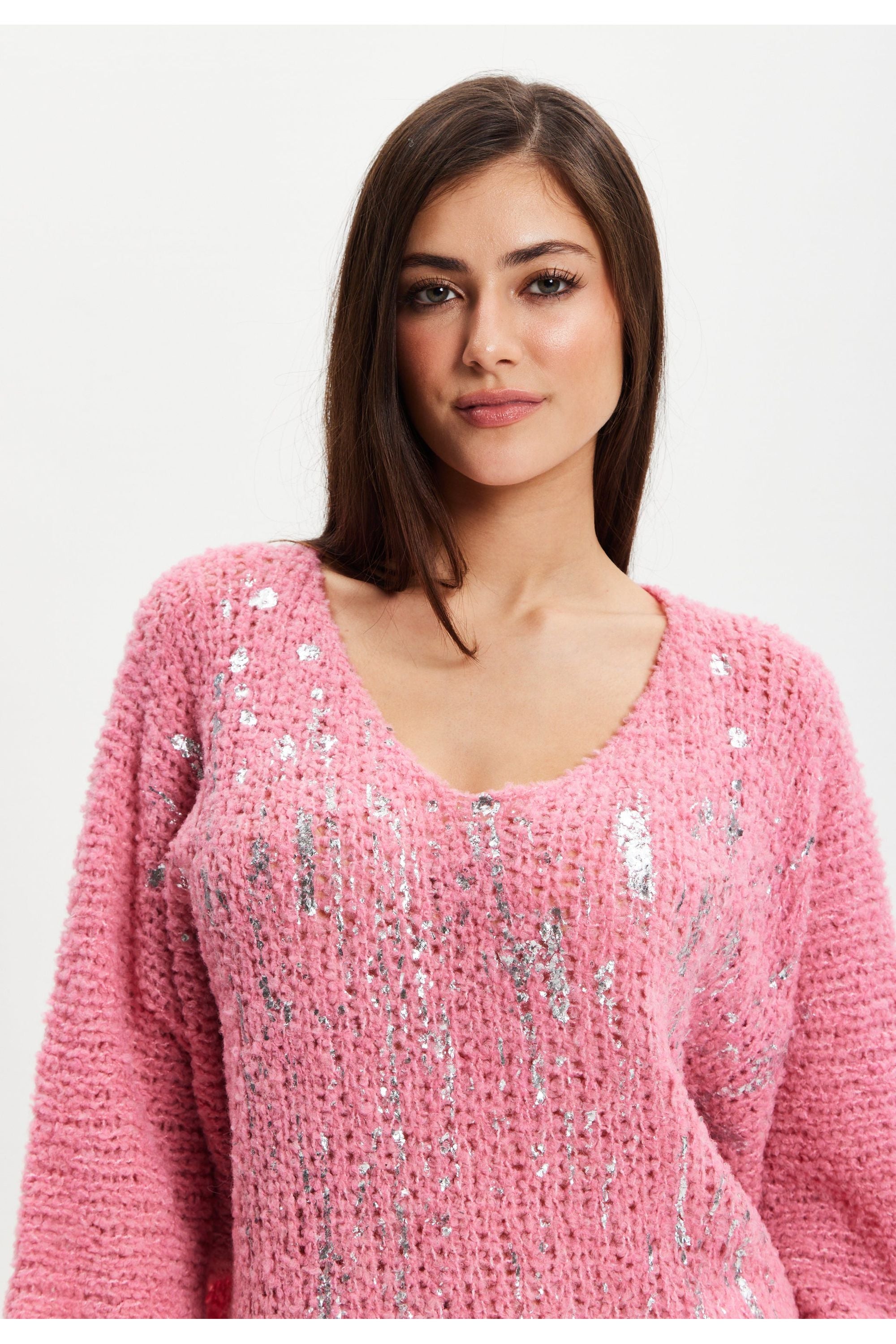 Pink Loose Knit Jumper With Metallic Detail UAL003