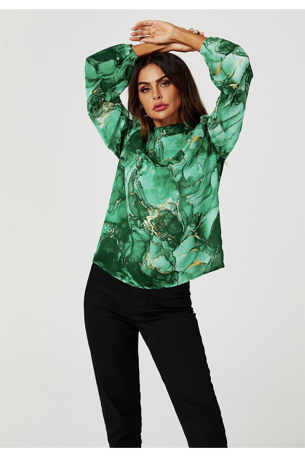 Marble Print Long Sleeve High Neck Top In Light Green FS628