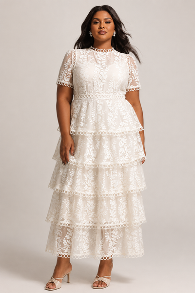 Beige - Yedda Resort Flowy Round Neck Short Sleeve Floral Embroidered Woven Maxi Dress by Bella Barnett