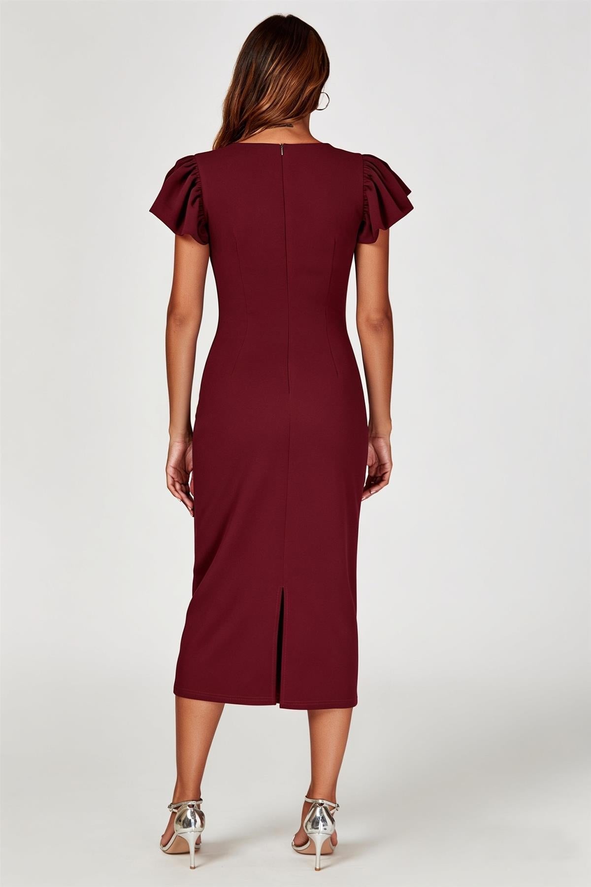 Volume Sleeve Bodycon Midi Dress In Burgundy FS770