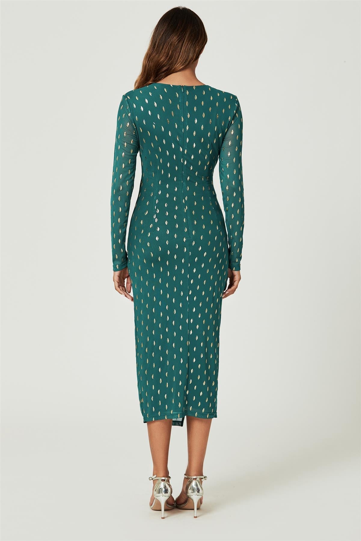 Foil Mesh Long Sleeve Midi Dress In Green FS740-GreenFoil