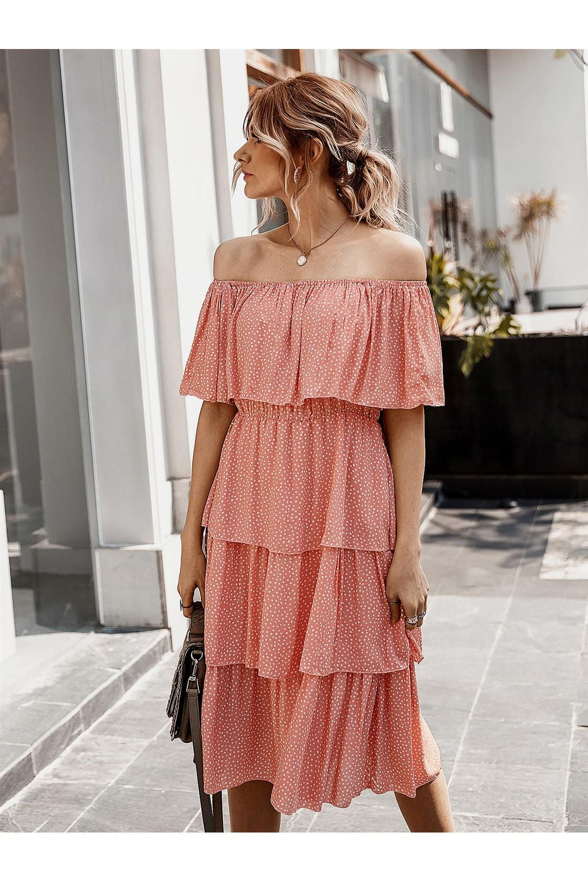 Off The Shoulder Bardot Frill Tiered Dress In Peach Polka Dot TT029-2